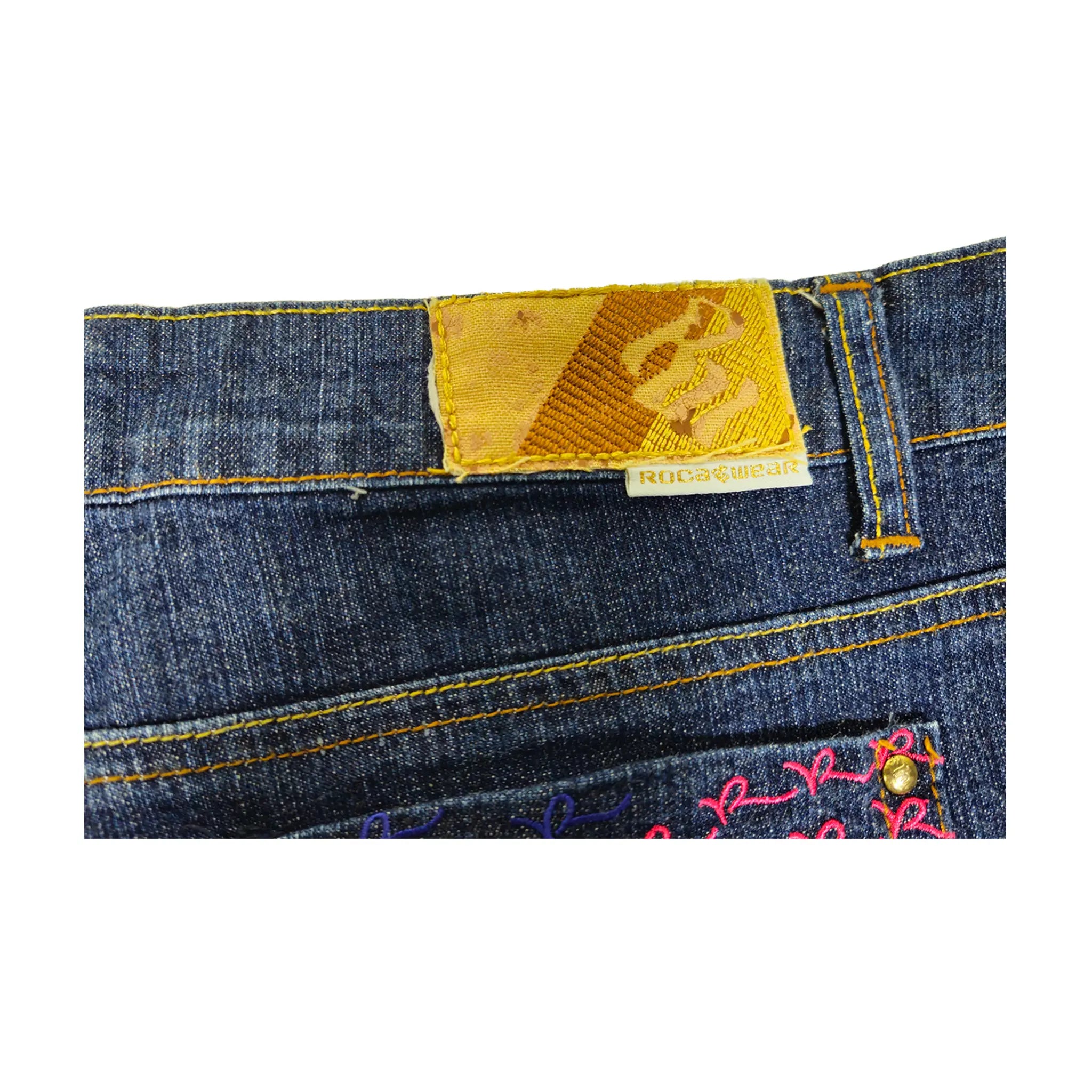 Vintage Y2K Rocawear Regnbue-monogram broderte Plus-Size Jeans