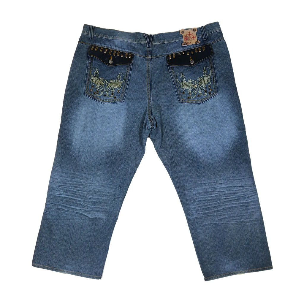 Vintage Y2K Chams Jeans Co. heavily studdet og brodert store størrelse cropped baggy jeans