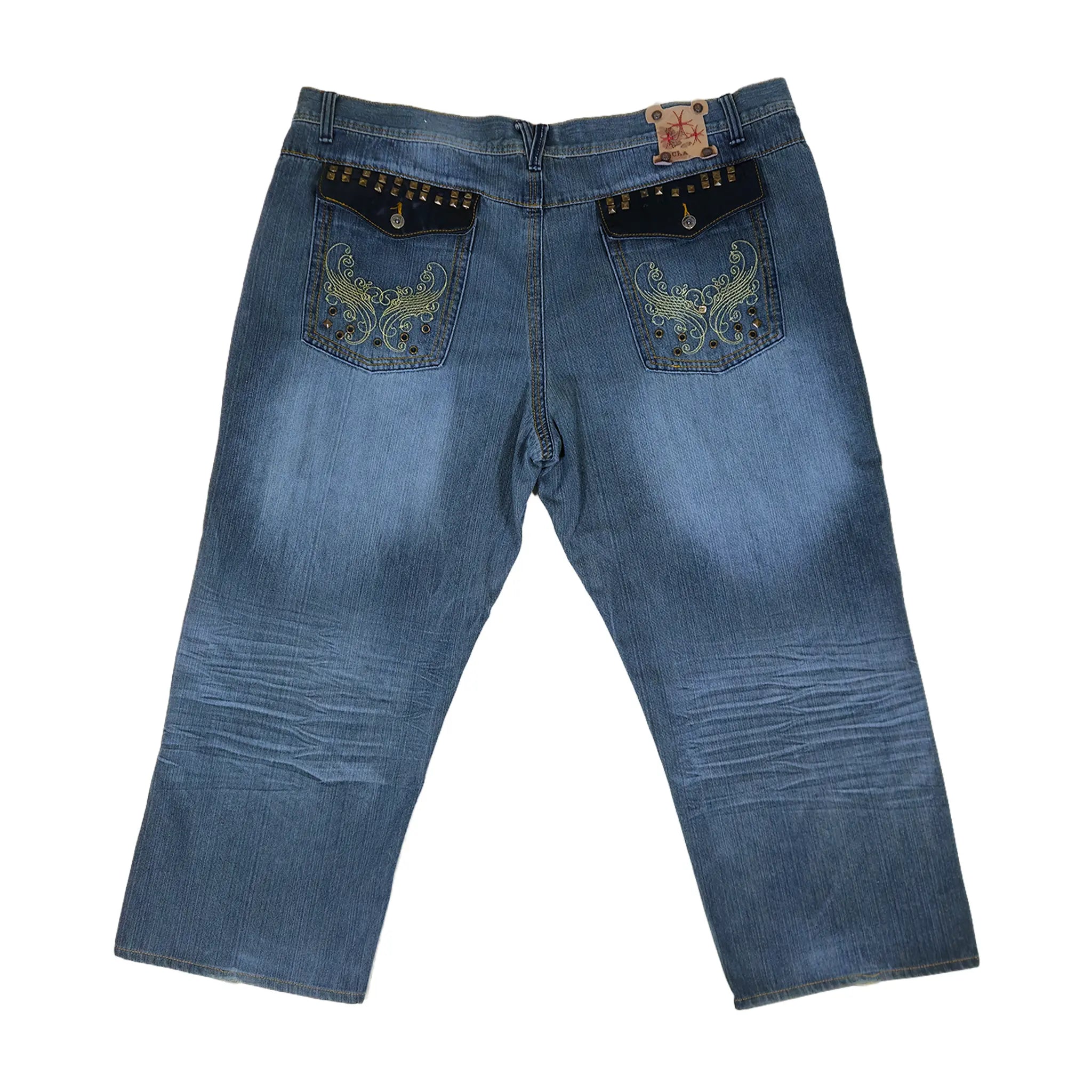 Vintage Y2K Chams Jeans Co. heavily studdet og brodert store størrelse cropped baggy jeans