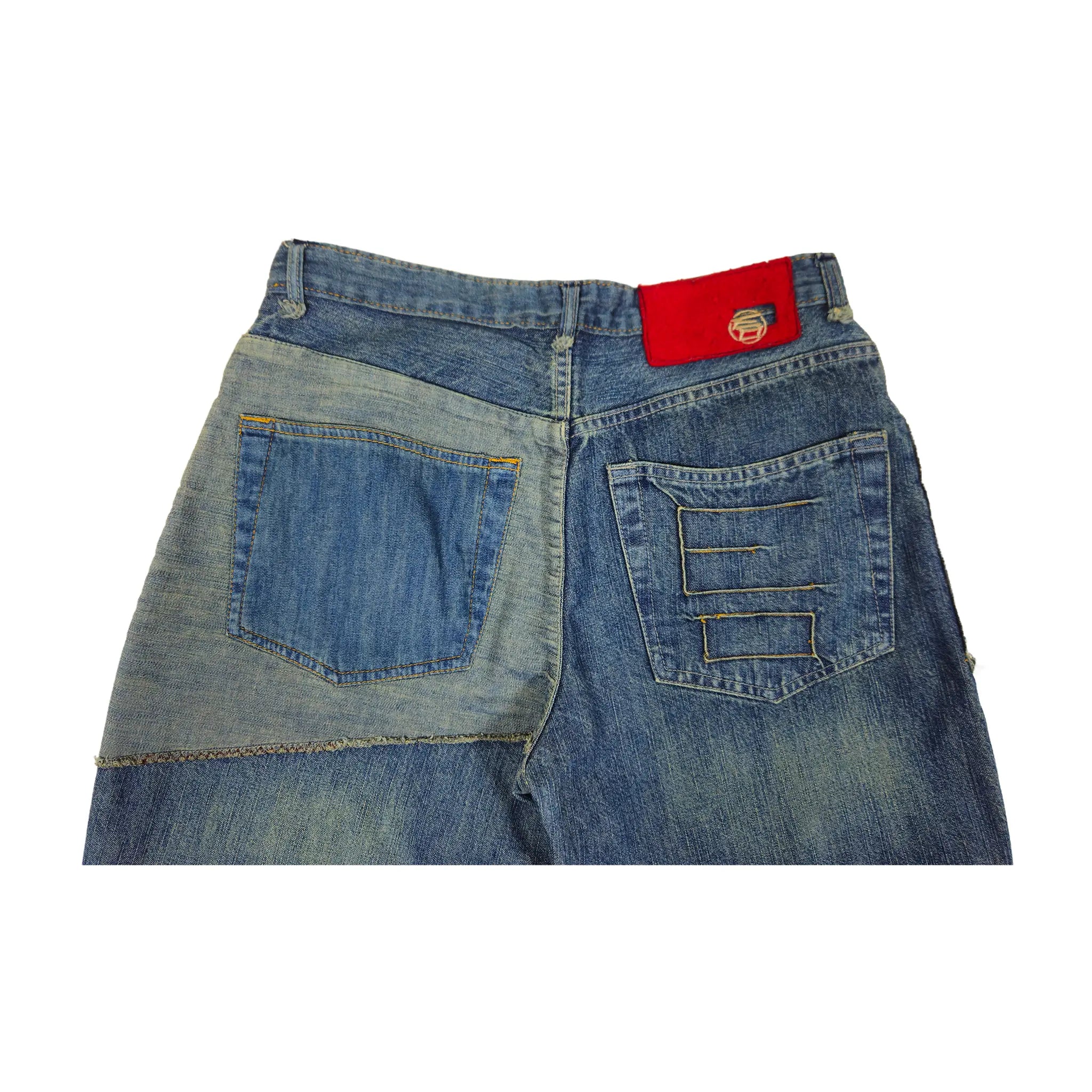 Vintage Y2K Ecko Unltd. Asymmetriske lappeteknikk jeans med flere paneler for skatere