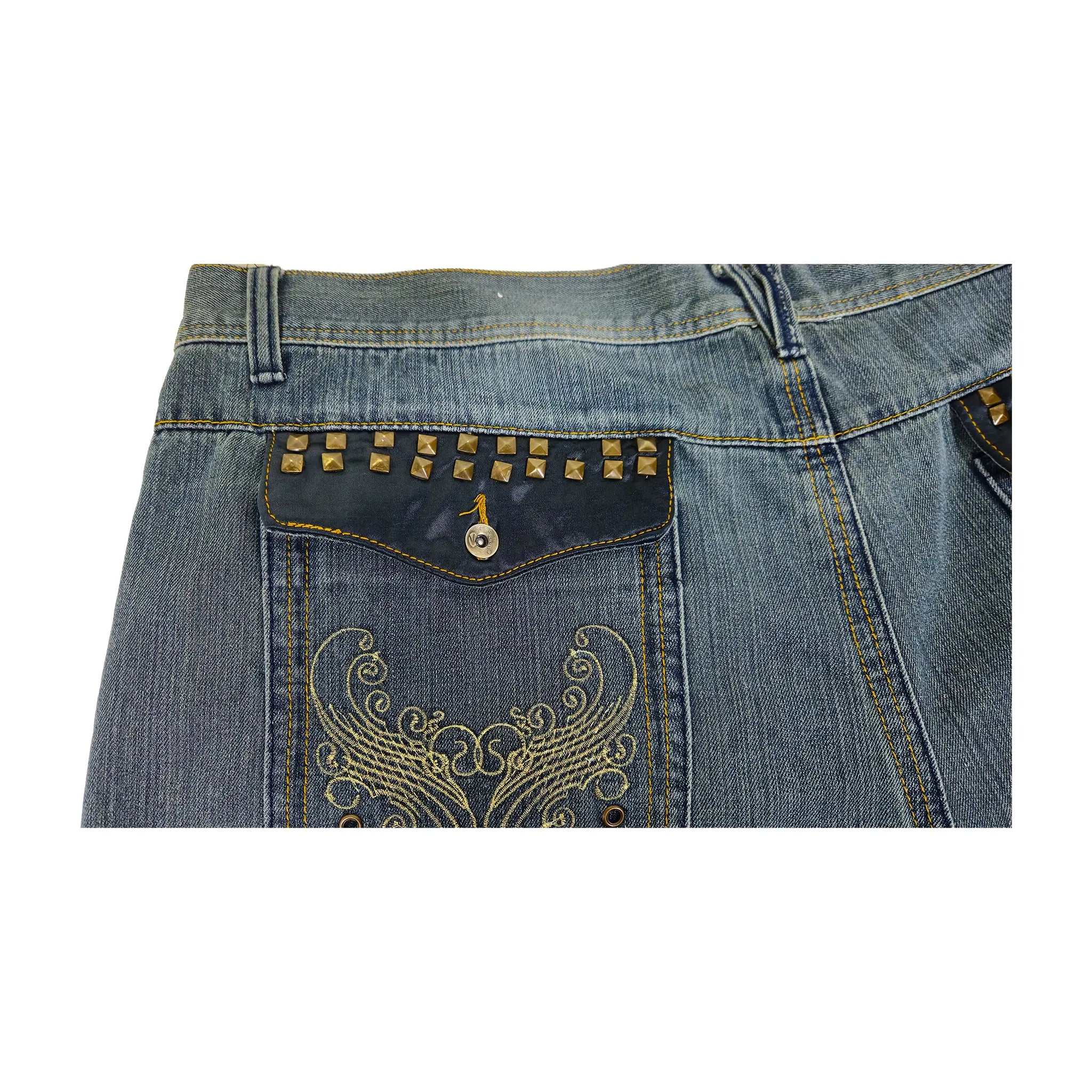 Vintage Y2K Chams Jeans Co. heavily studdet og brodert store størrelse cropped baggy jeans