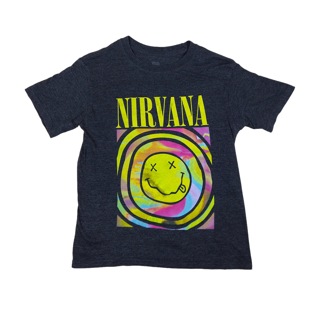 Nirvana Multi-Color Swirl Smiley Logo grafisk T-skjorte