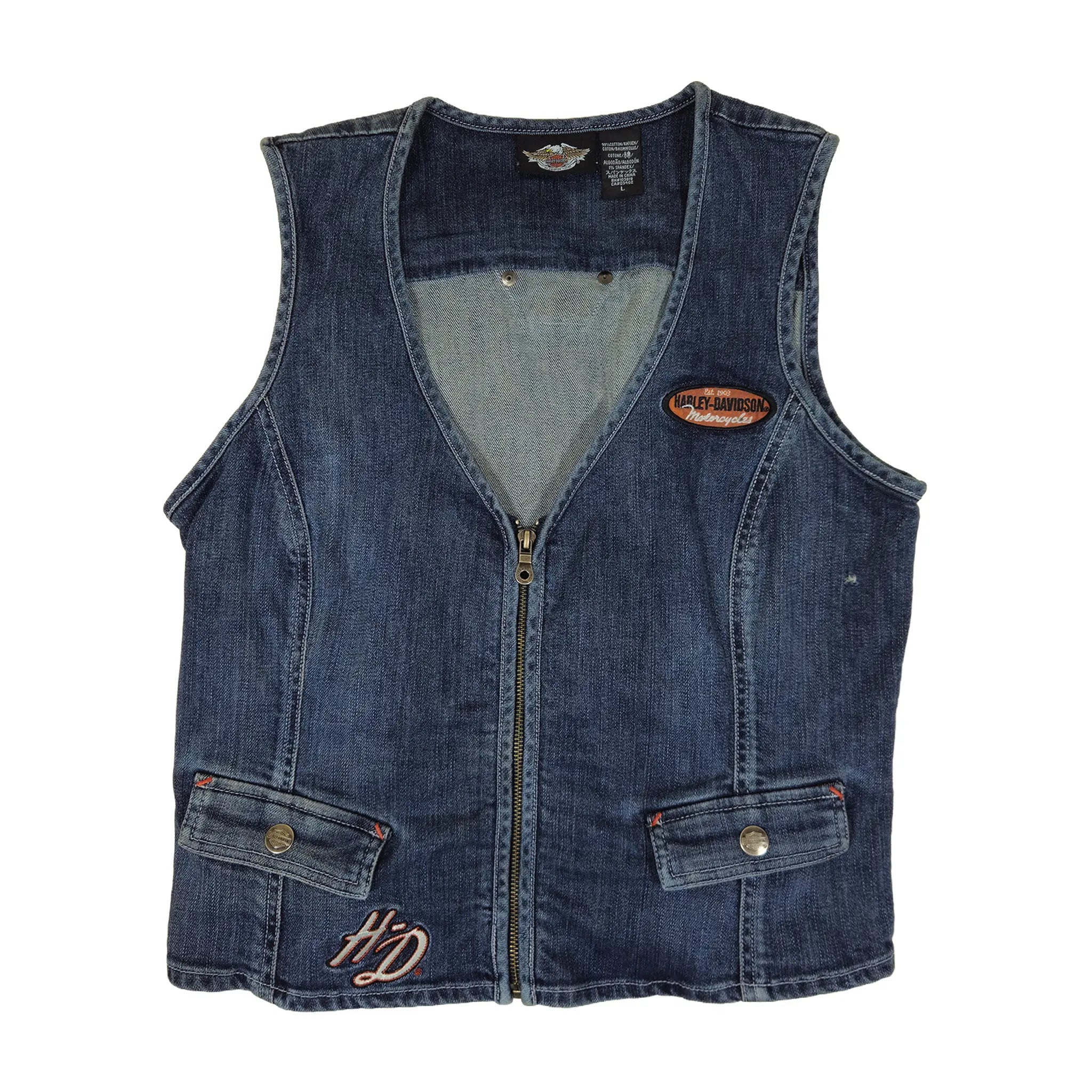 Offisiell Harley-Davidson Denimvest med glidelås og broderi for kvinner